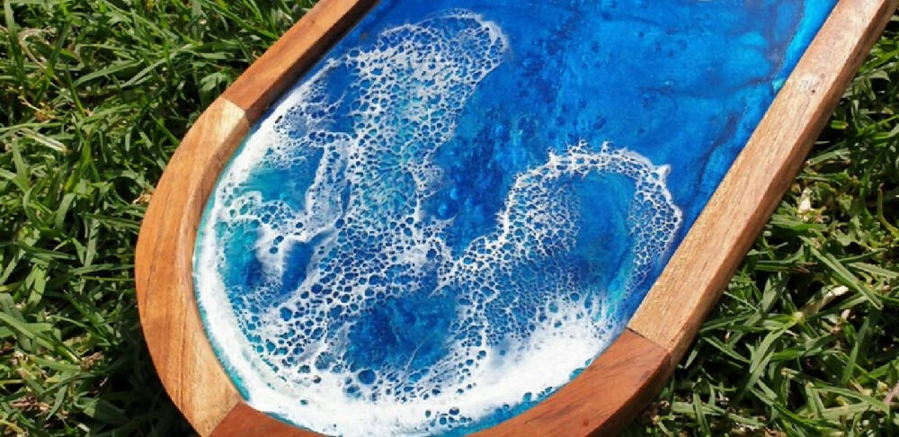 Beach Resin Art Acacia Serving Tray