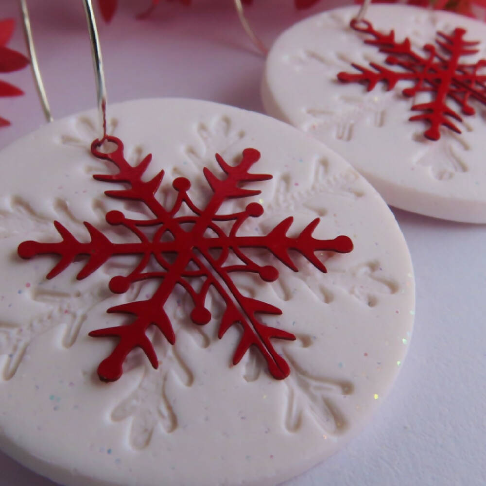 Christmas Snowflake Earrings White Glitter and Red