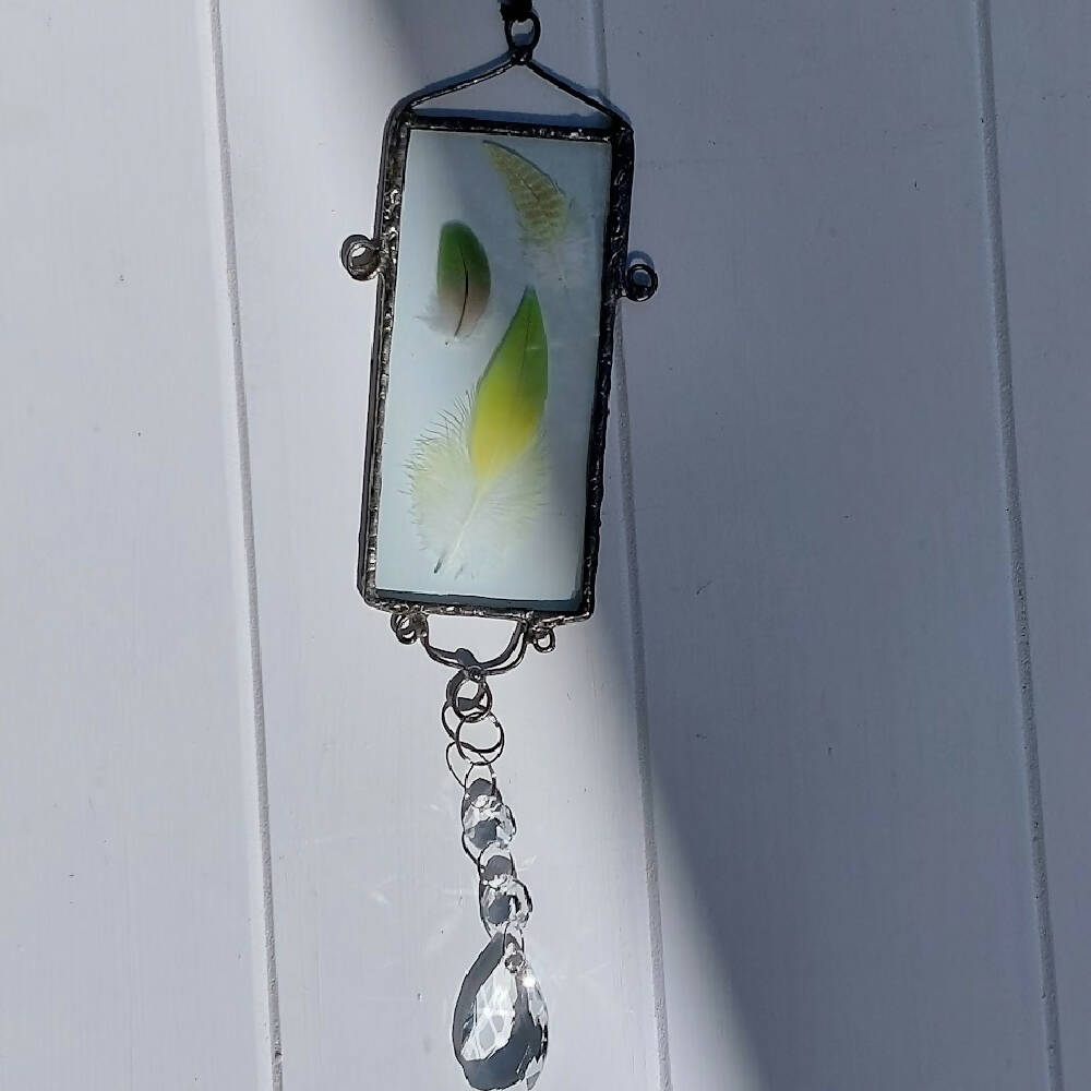 Beautiful feather suncatcher, real feathers soldered between glass with crystals