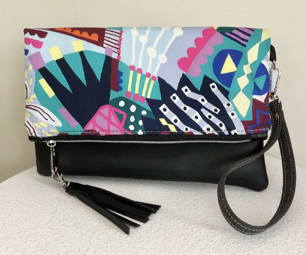 Fold Over Clutch Bag in Lively Print Fabric, Grey Canvas and Leather