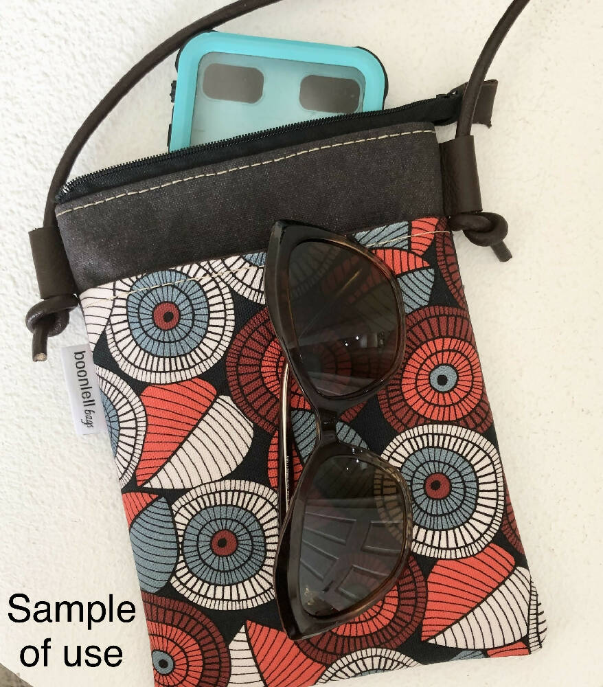 Cross Body Phone Sling Bag in Grey Canvas with Protea Pop