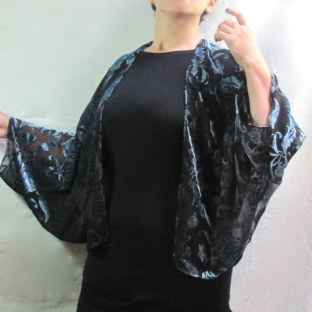 Dark Blue on Black Devore Velvet 1930s Style Evening Jacket / Kimono Wrap