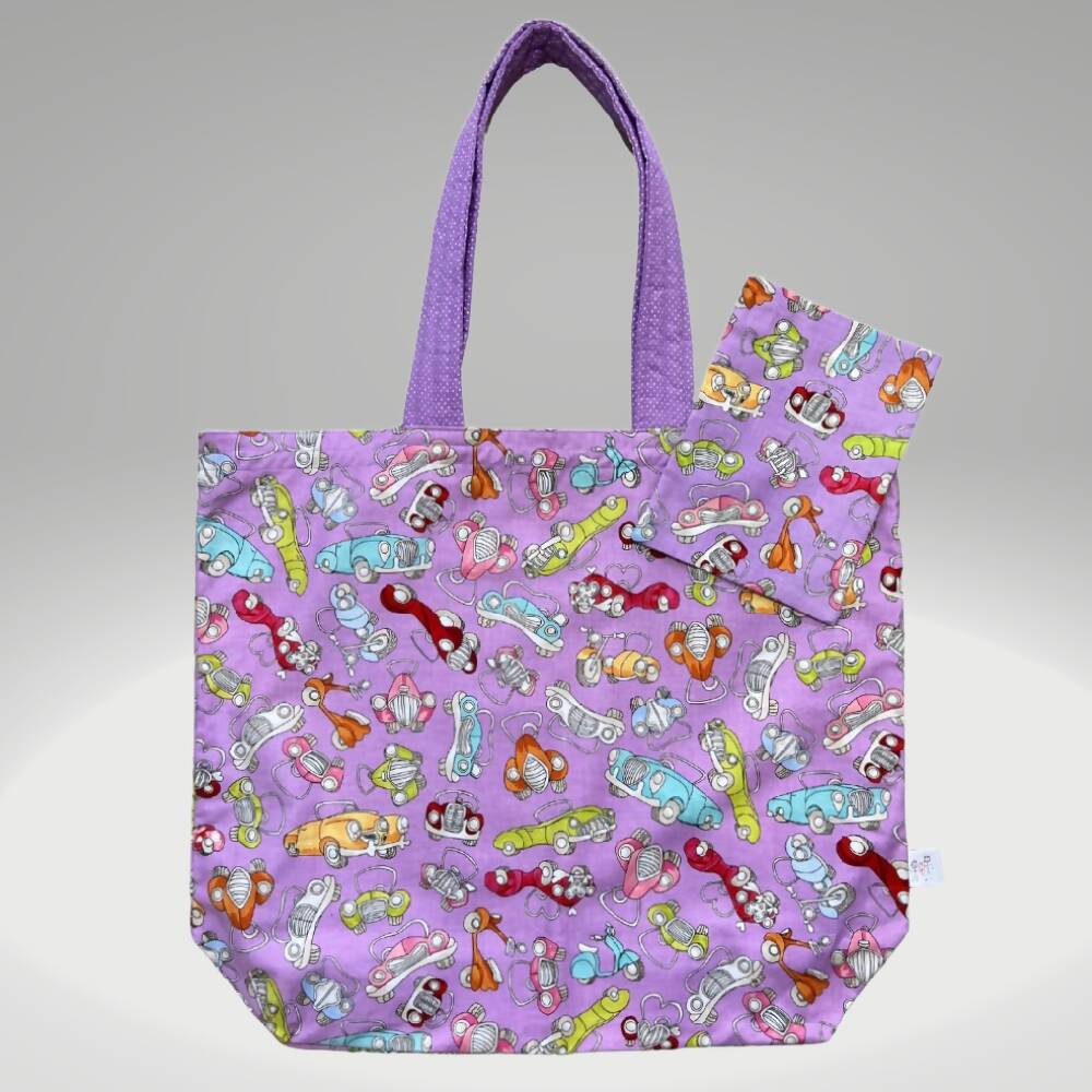 Grocery Tote .. Cars .. Lined with storage pouch