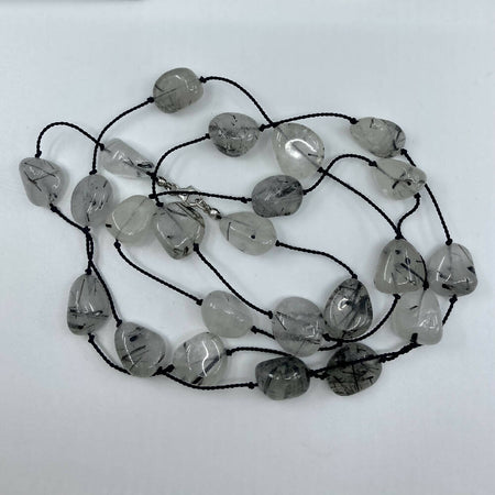 Tourmalinated quartz and sterling silver long necklace
