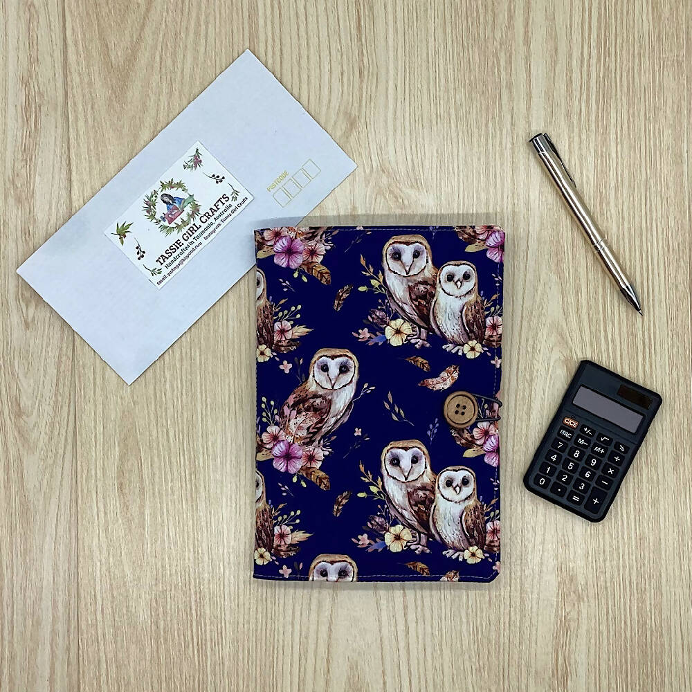 Owls refillable A5 fabric notebook cover gift set - Incl. book and pen.