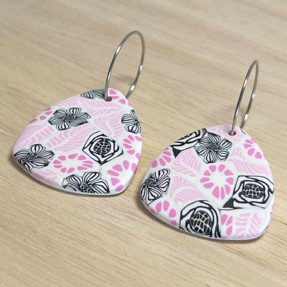 Polymer Clay Earrings Pink, Black and White Dangles