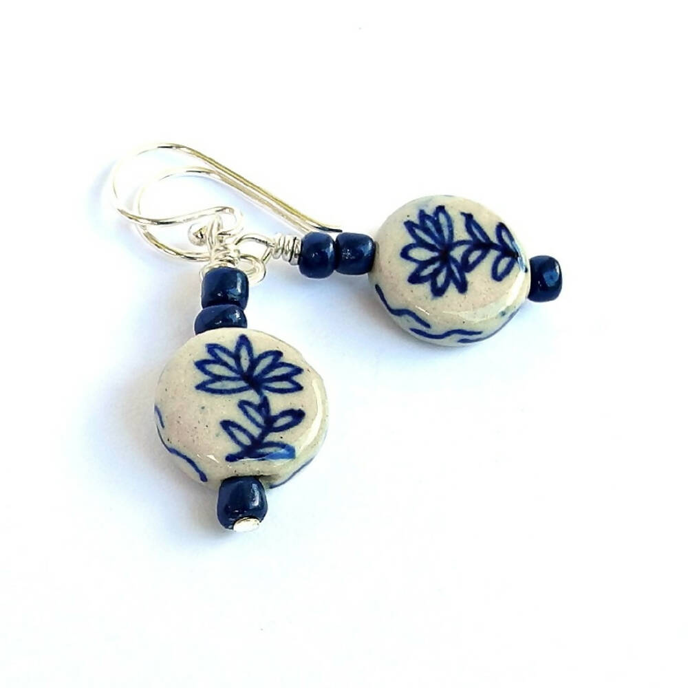 Earrings, Ceramic Porcelain Flowers, Blue and White
