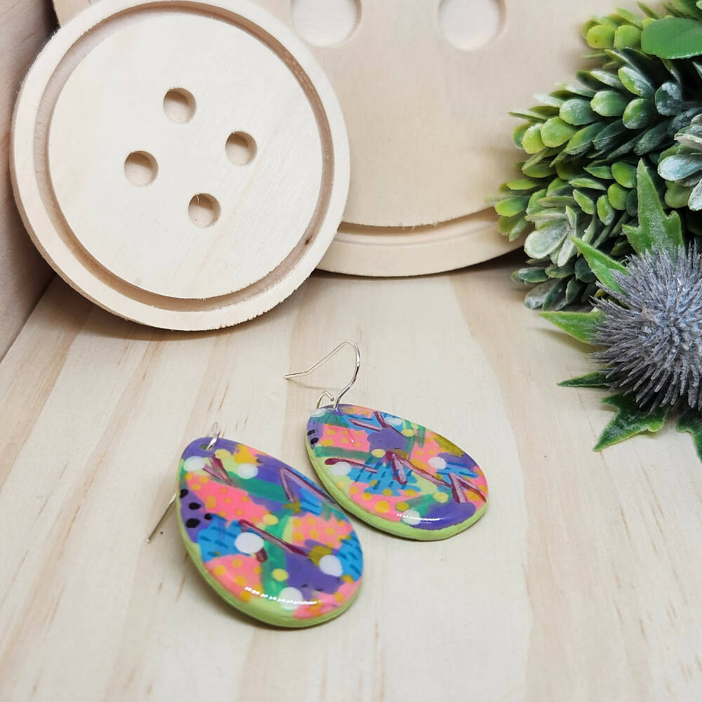 Dangle Earrings - Blushing Oval - Hand Painted Clay and Resin - Hook