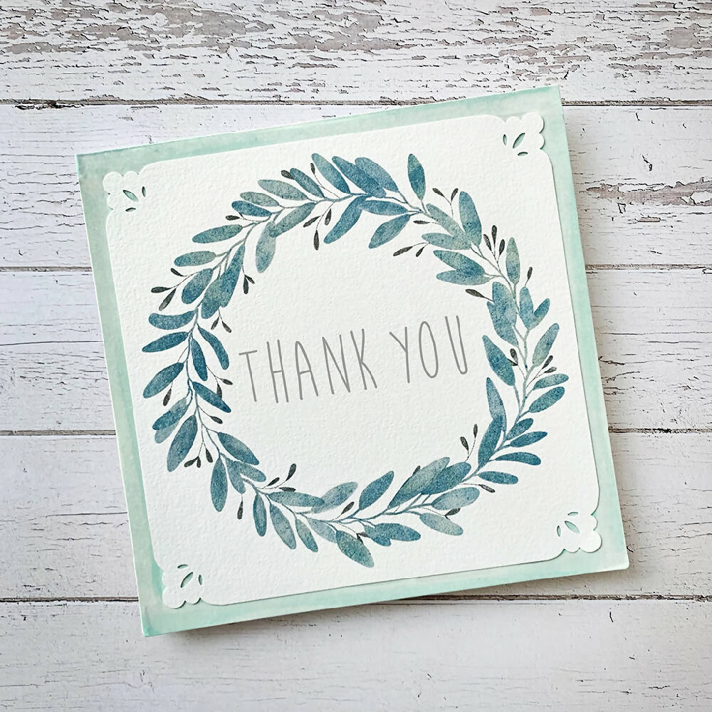 teal floral wreath thank you card 10cm square with envelope