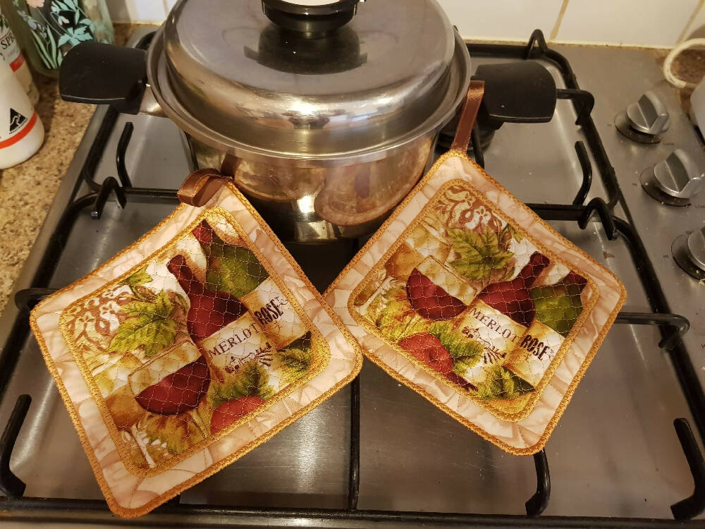 WIne bottles & Glass Pot Holders x2