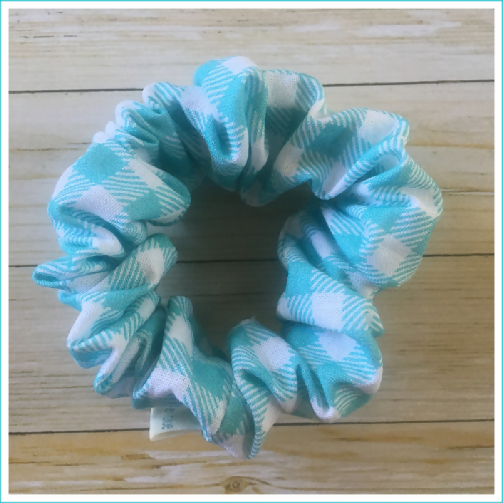 Light Blue and White Check Pattern Scrunchie - Wide Elastic - 100% Cotton