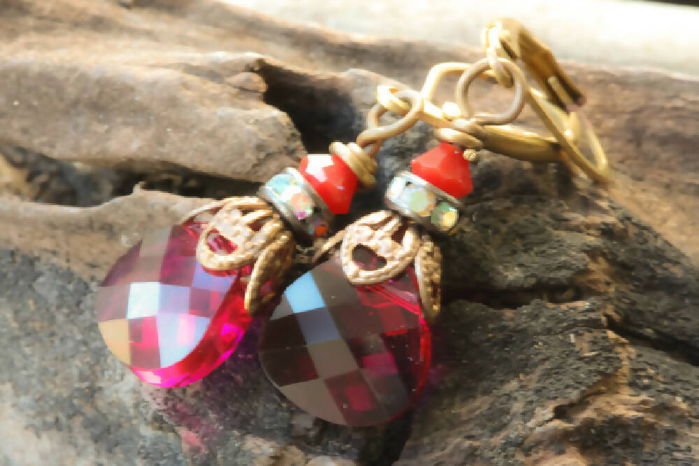 Swarovski Crystal & Brass Drop Earrings Ruby AB Briolette