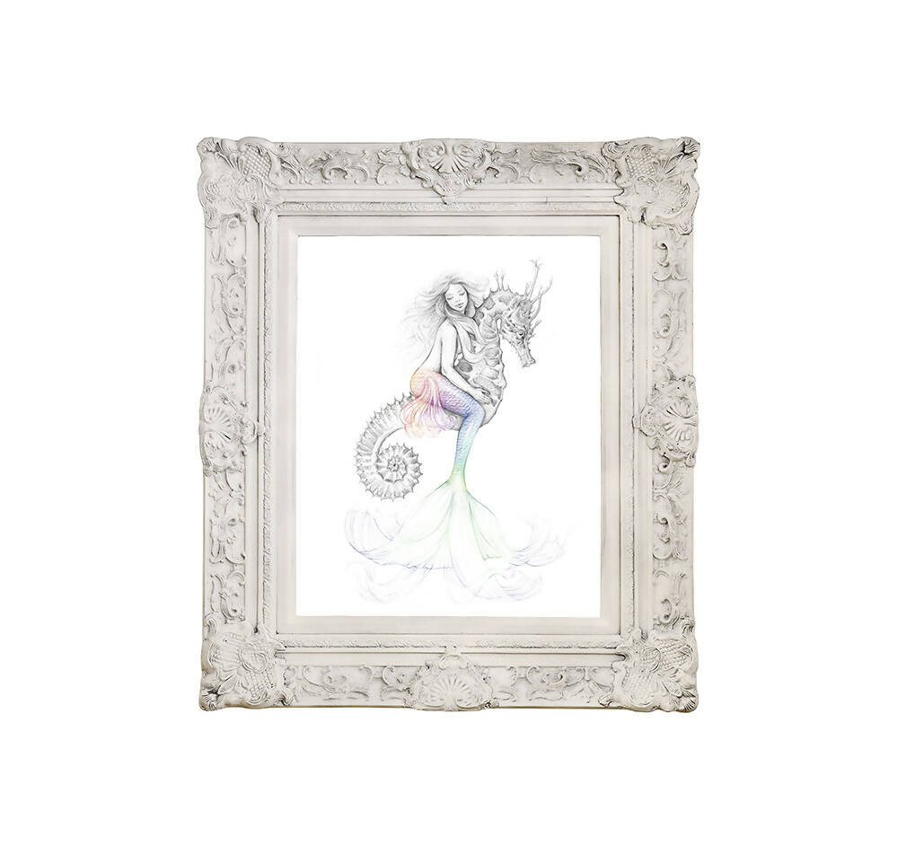PRINT Mermaid Riding Seahorse Art Unframed Colour Splash Rainbow Tail - 8x10 inch