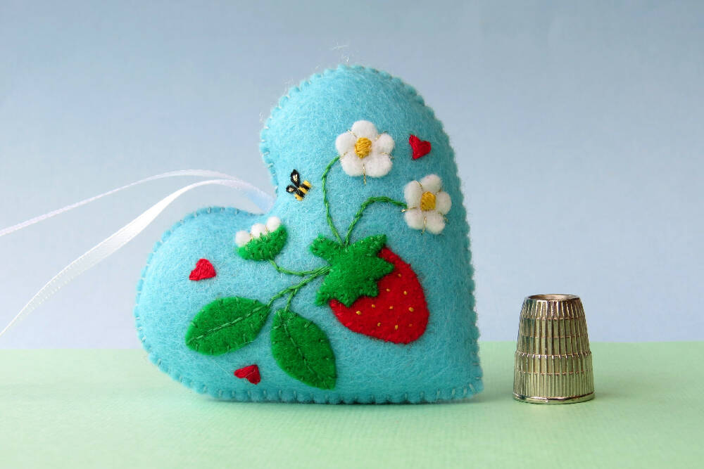 Heart Ornament - Embroidered Wool Felt - Strawberry Decoration