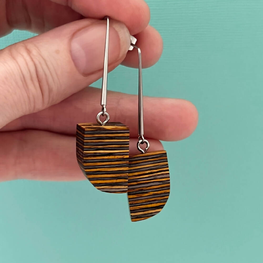 Unique Yellow and Grey Striped Wooden Earrings