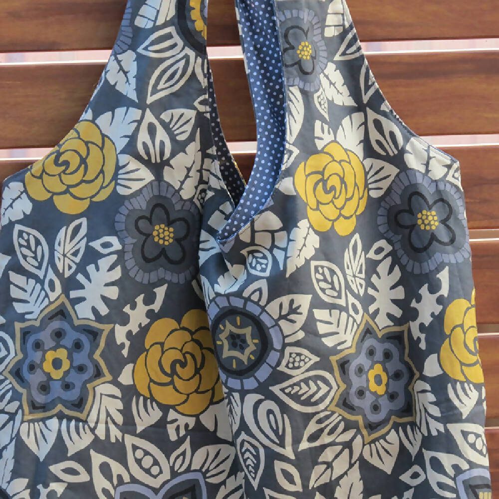 Market Bag, Tote, Grocery Bag - Abstract Grey Floral - Reversible