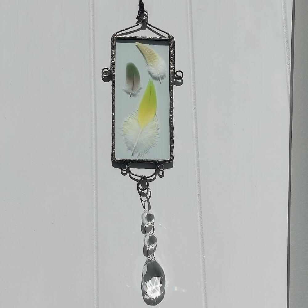 Beautiful feather suncatcher, real feathers soldered between glass with crystals