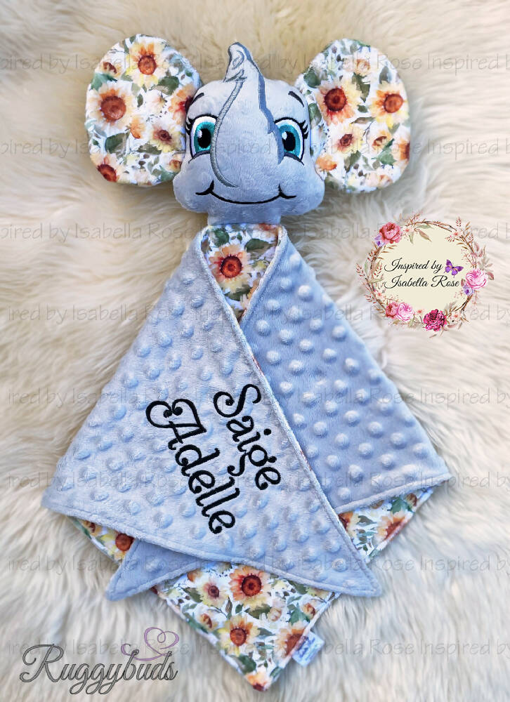 Baby comforter, Embroidered name, Elephant themed Ruggybud, Made to order