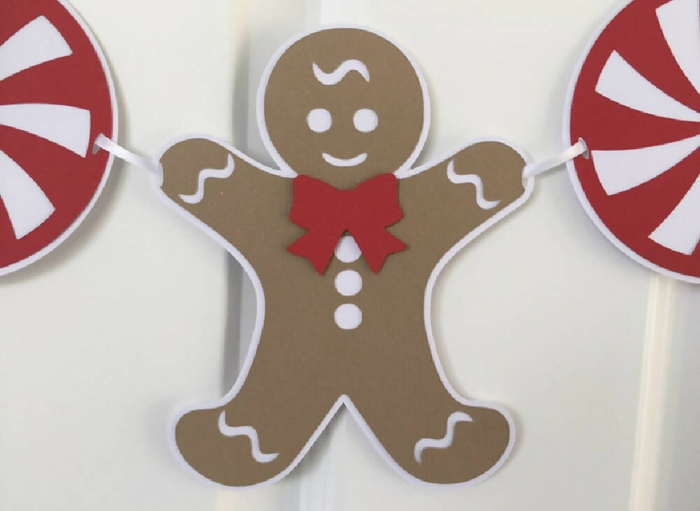 Christmas Gingerbread Man Garland. Peppermint candy Xmas decor.