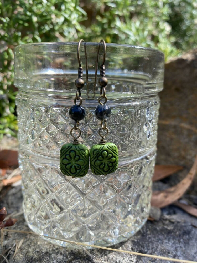 Gold Etched Green and Black Lucite and Brass Drop Earrings