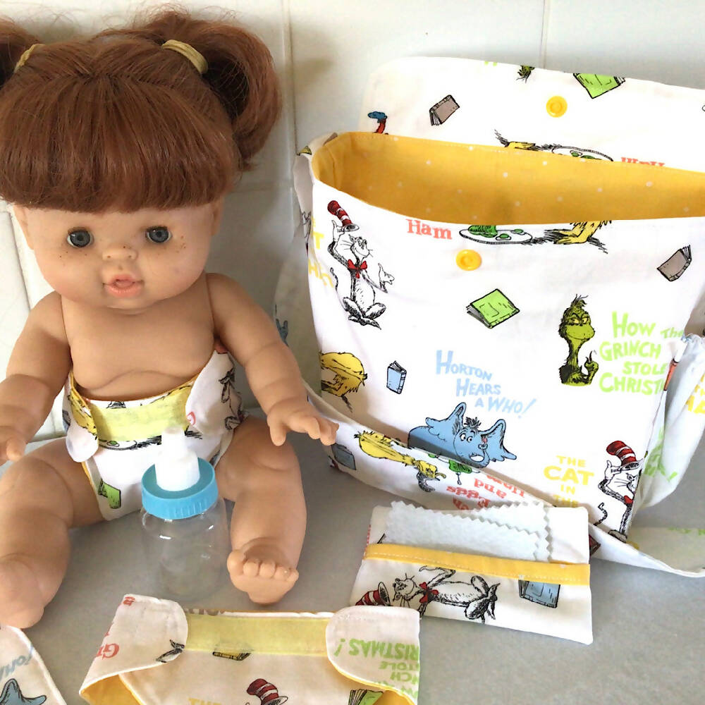 Nappy Bag and accessories for Baby Doll #3 suess yellow