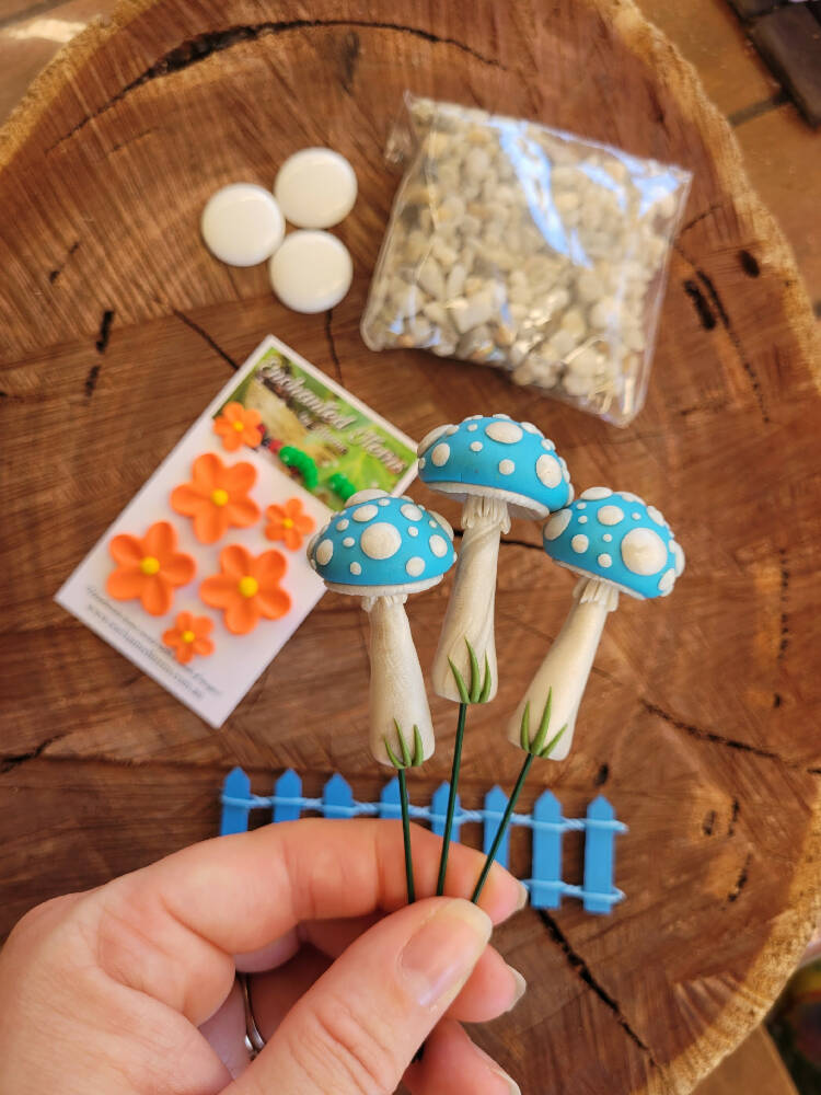 Turquoise Fairy garden Mushrooms set with Caterpillars pets