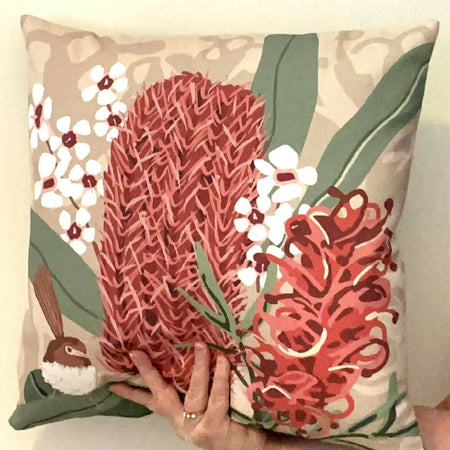 Cushion Cover Australian Native Bouquet with Jenny Wren