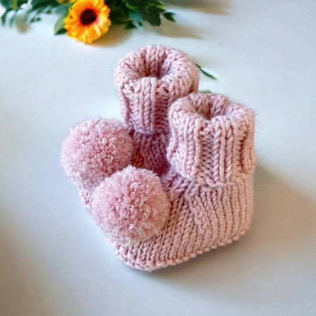 Hand Knitted Baby Booties, Pink Pom Pom Booties