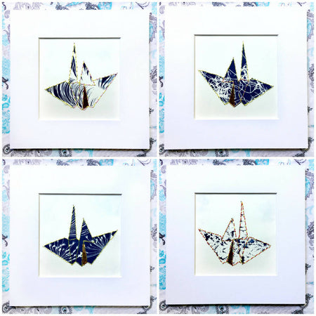 Peace Cranes Set of Four, Cyanotypes, Hand Stitching, Matted Art