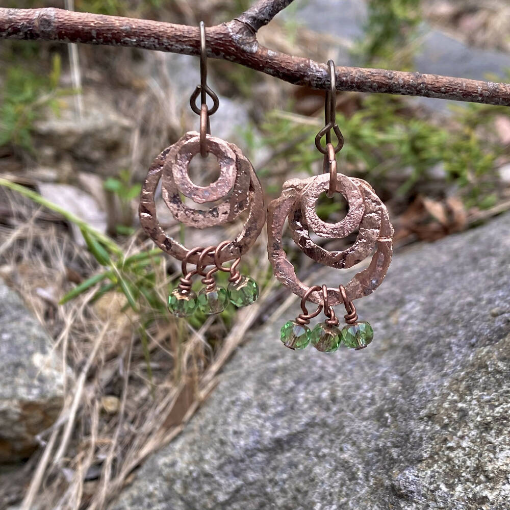 Hand Hammered Copper & Green Bead Earrings