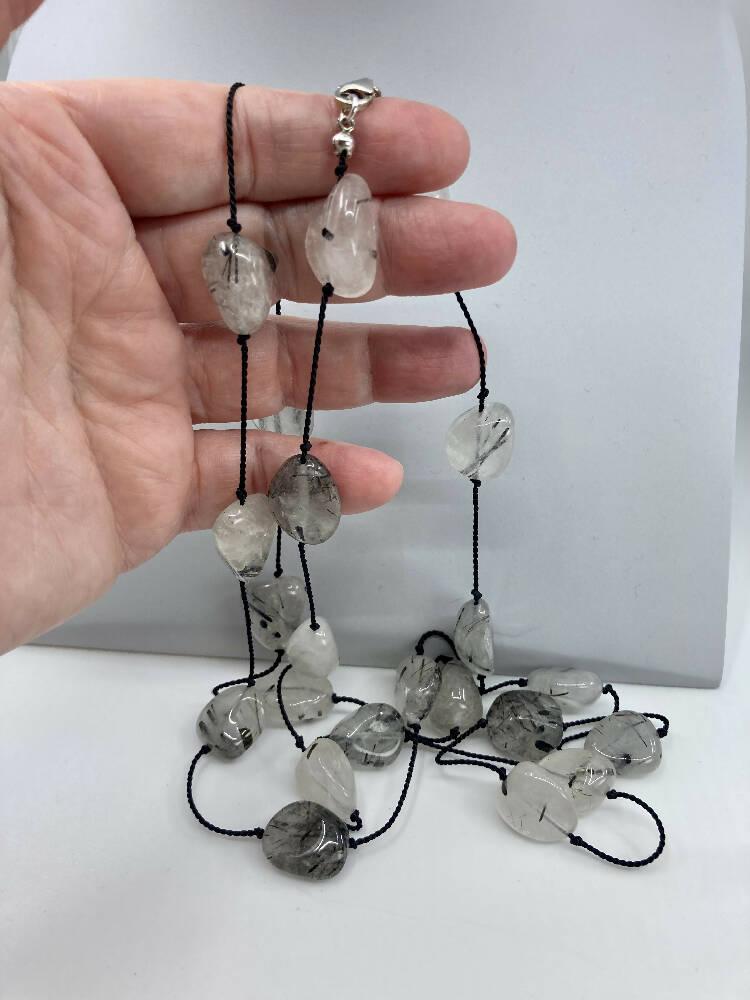 Tourmalinated quartz and sterling silver long necklace