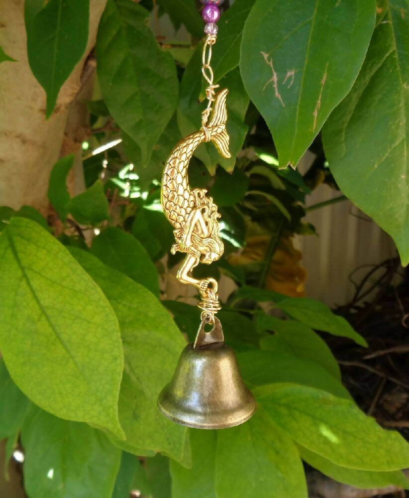 Beaded Windchime - Mermaid Decor - Bronze Bell