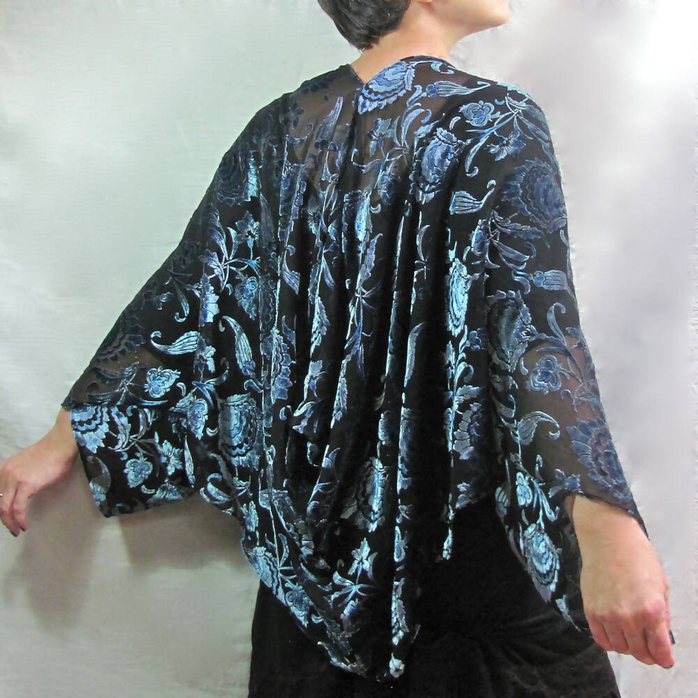 Dark Blue on Black Devore Velvet 1930s Style Evening Jacket / Kimono Wrap