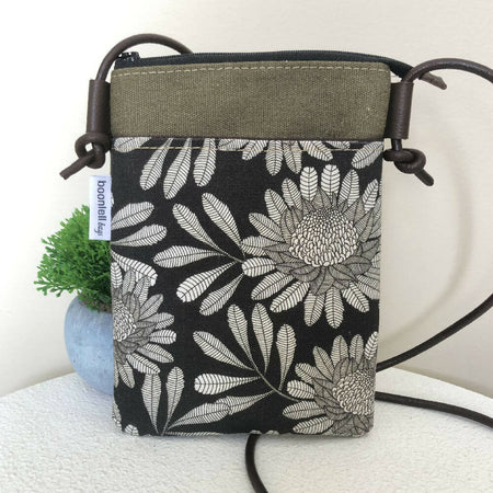 Cross Body Phone Sling Bag in Green Canvas with Waratah