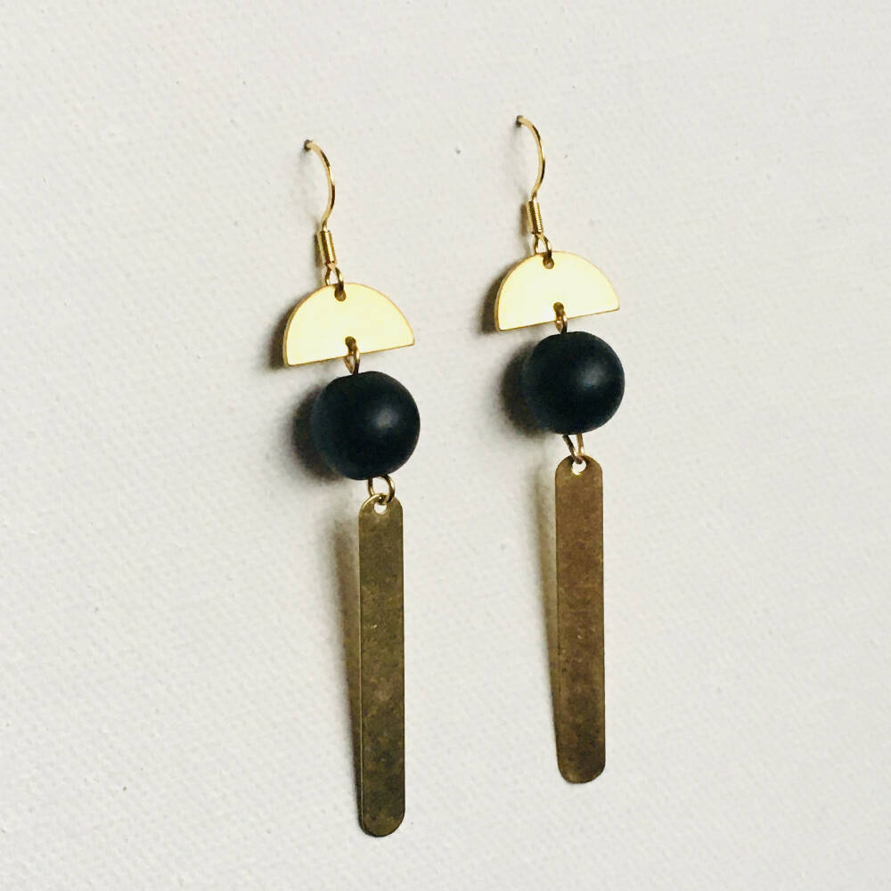 Geometric half moon black and gold dangly earrings