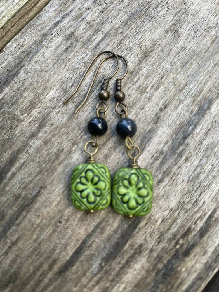 Gold Etched Green and Black Lucite and Brass Drop Earrings