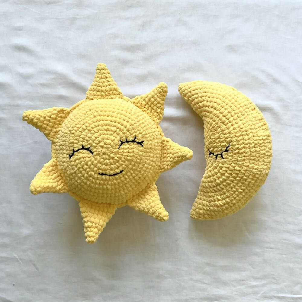 Crochet Plush Nursery Cushion, Sleepy Moon, Yellow