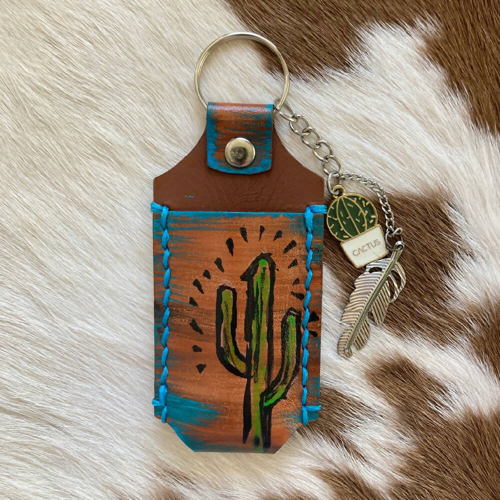 Leather Lip balm Holder Keychain - Cactus