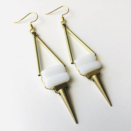 White and amber long gold dangly earrings