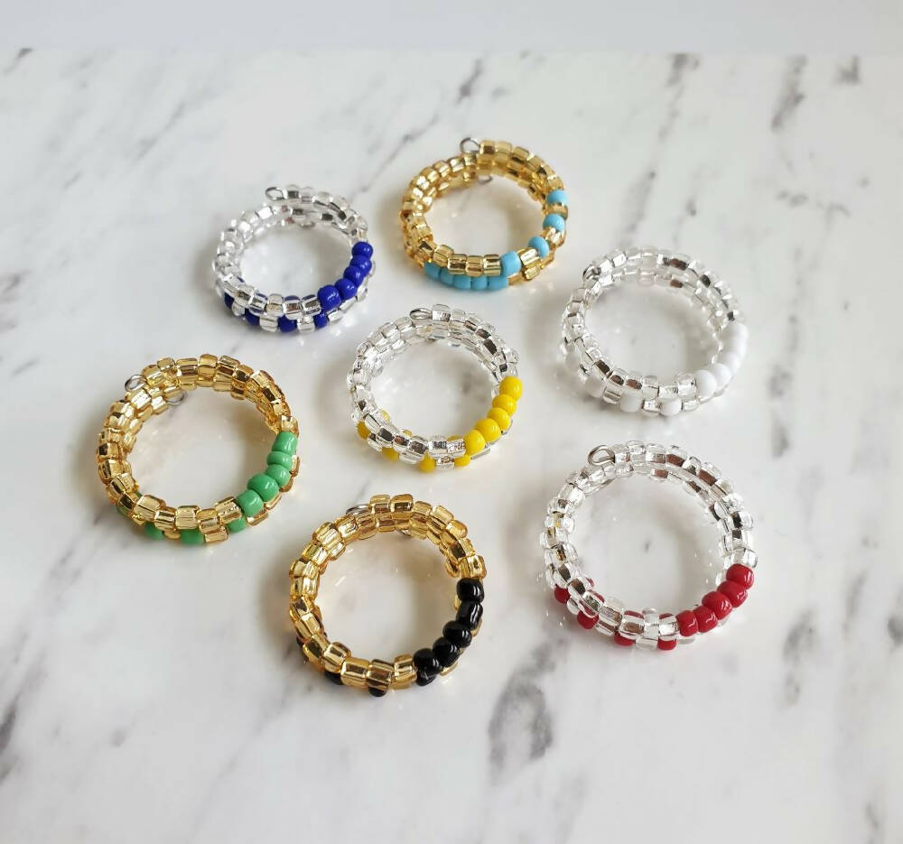 Colourful Opaque & Gold / Silver seed bead 2 line memory wire ring