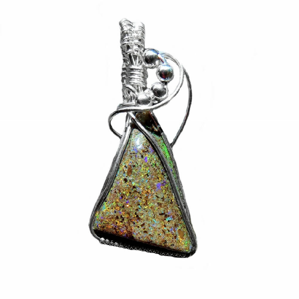 Andamooka Rainbow opal pendant Sterling wire wrapped