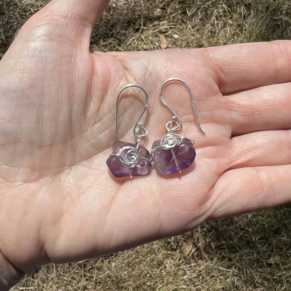 Silver wrapped amethyst dangle earrings