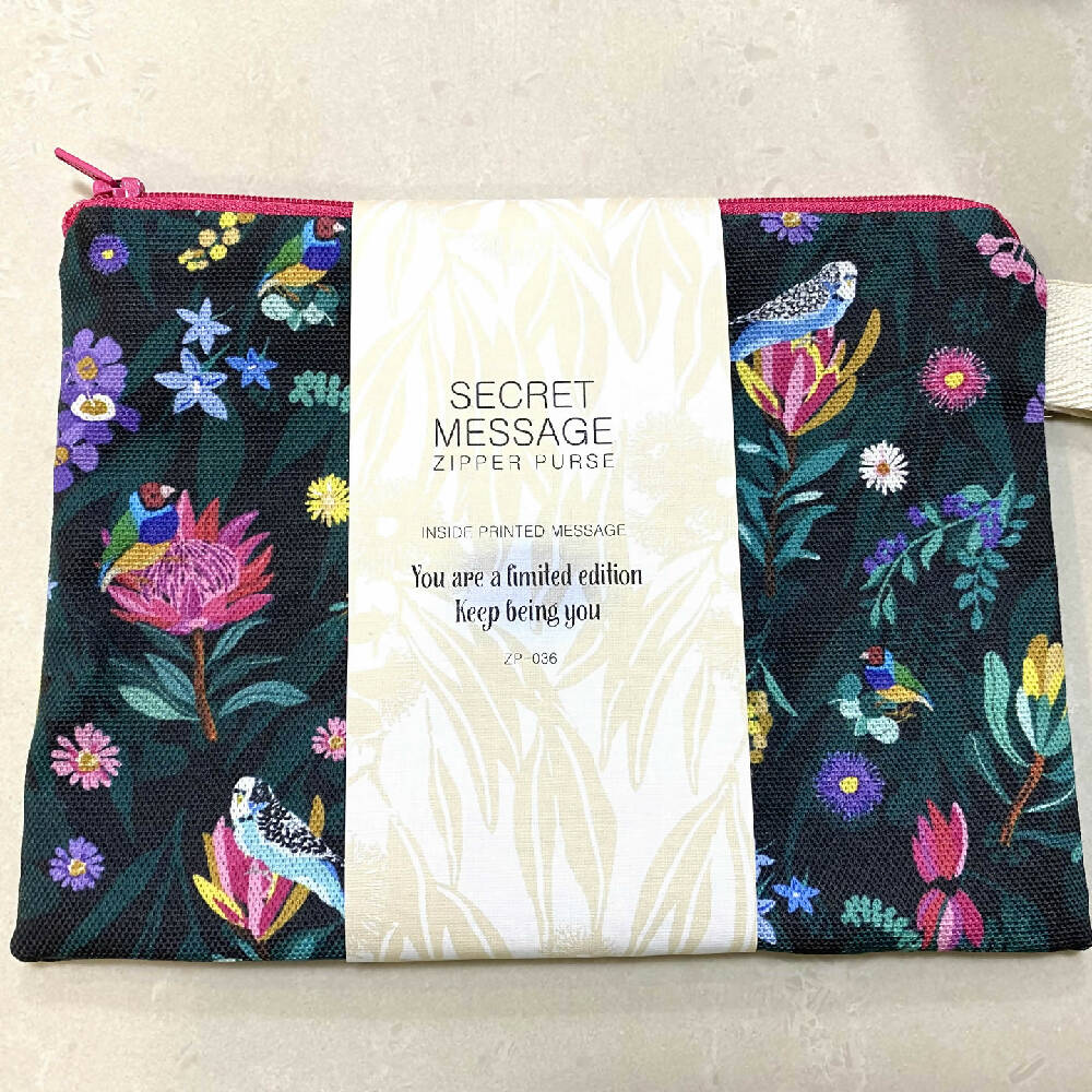 Zipper Purse - Australian Floral with budgies with a Secret Message inside #36