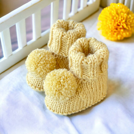 Hand Knitted Baby Booties, Pom Pom Booties