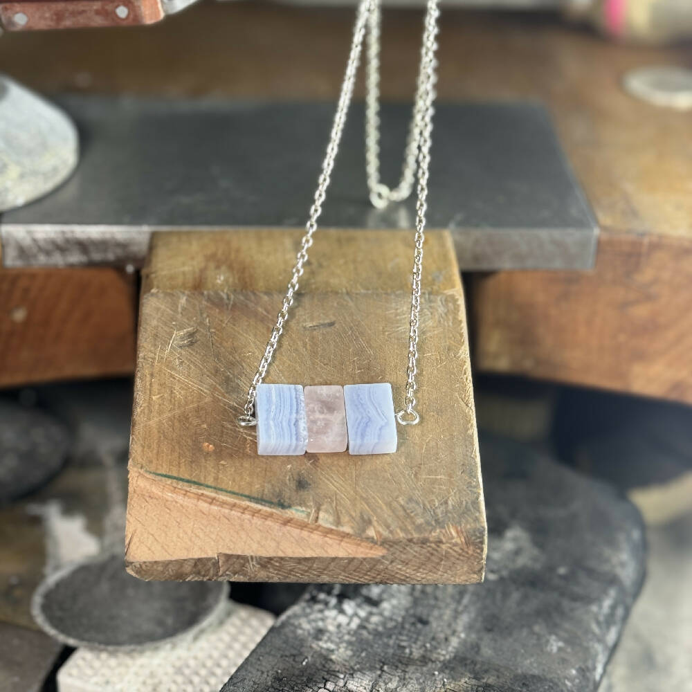 Blue Lace Agate & Rose Quartz Necklace with Sterling Silver chain