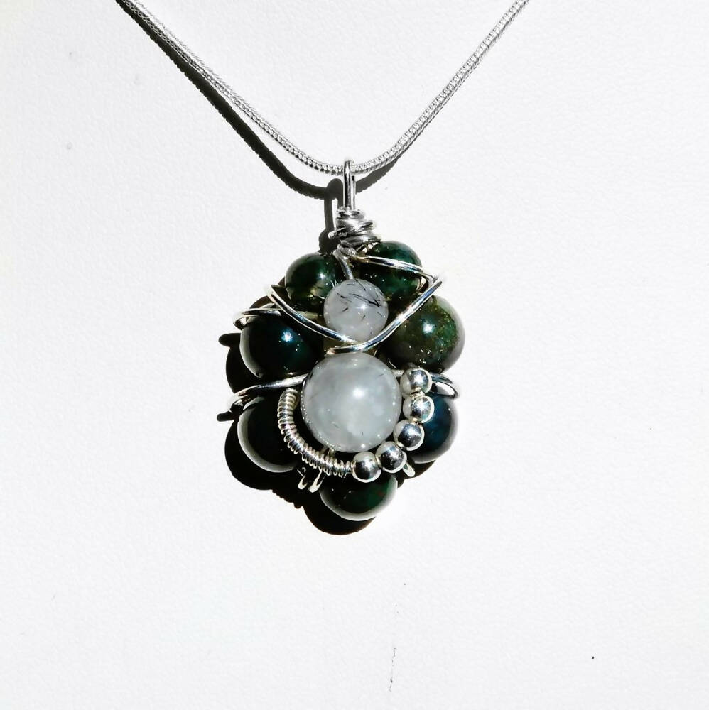 Bloodstone Quartz bead pendant Antiqued Sterling silver wrapped