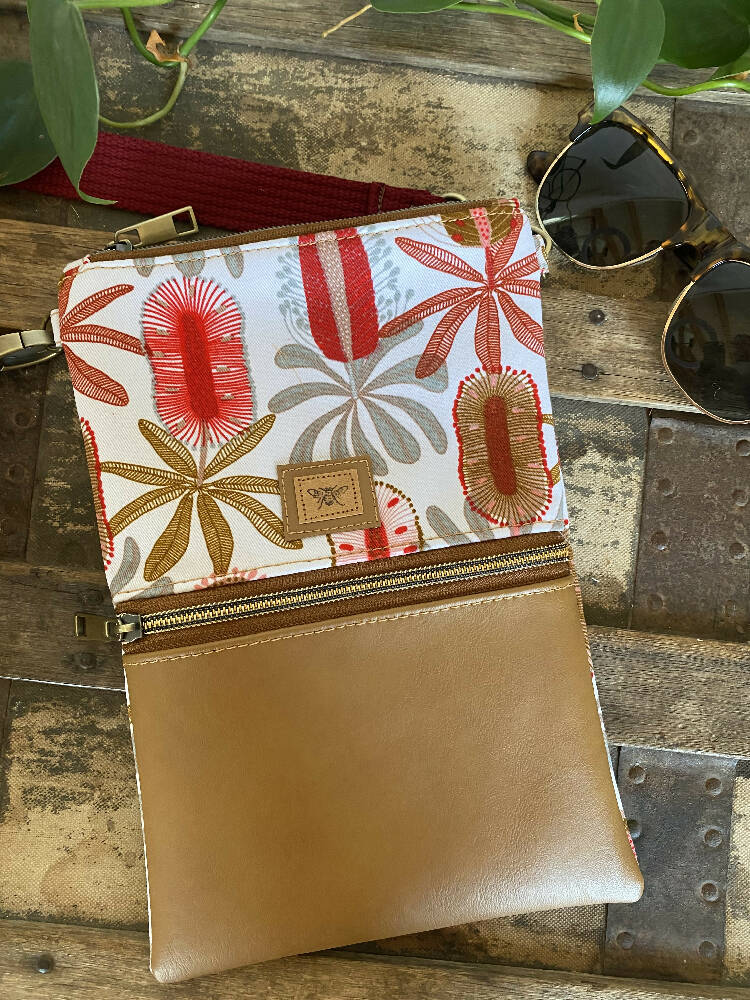 Mini & Small Crossbody Bag - Red Banksia/Tan Faux Leather