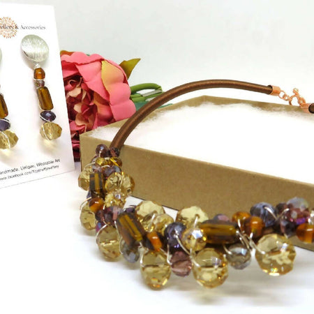 Amber Brown Purple Wire Wrapped Beaded Necklace Earrings Set