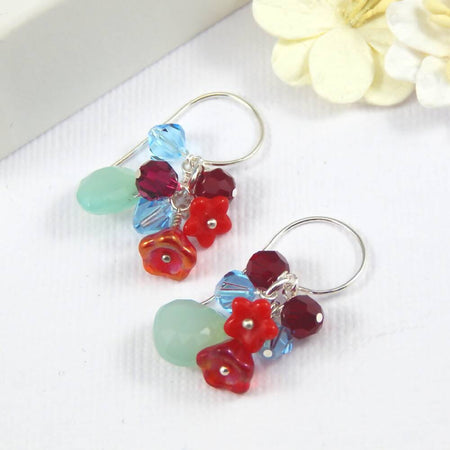 Blue Chalcedony Dangle Earrings,Red and Bluen Crystal Accents