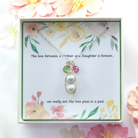 Personalized Pea Pod Mother And Daughter Necklace With Birthstones
